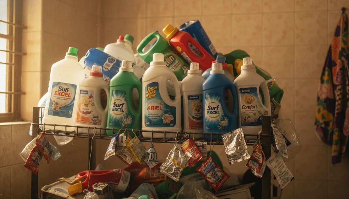 Cluttered shelf of plastic detergent bottles illustrating household plastic waste in Indian homes