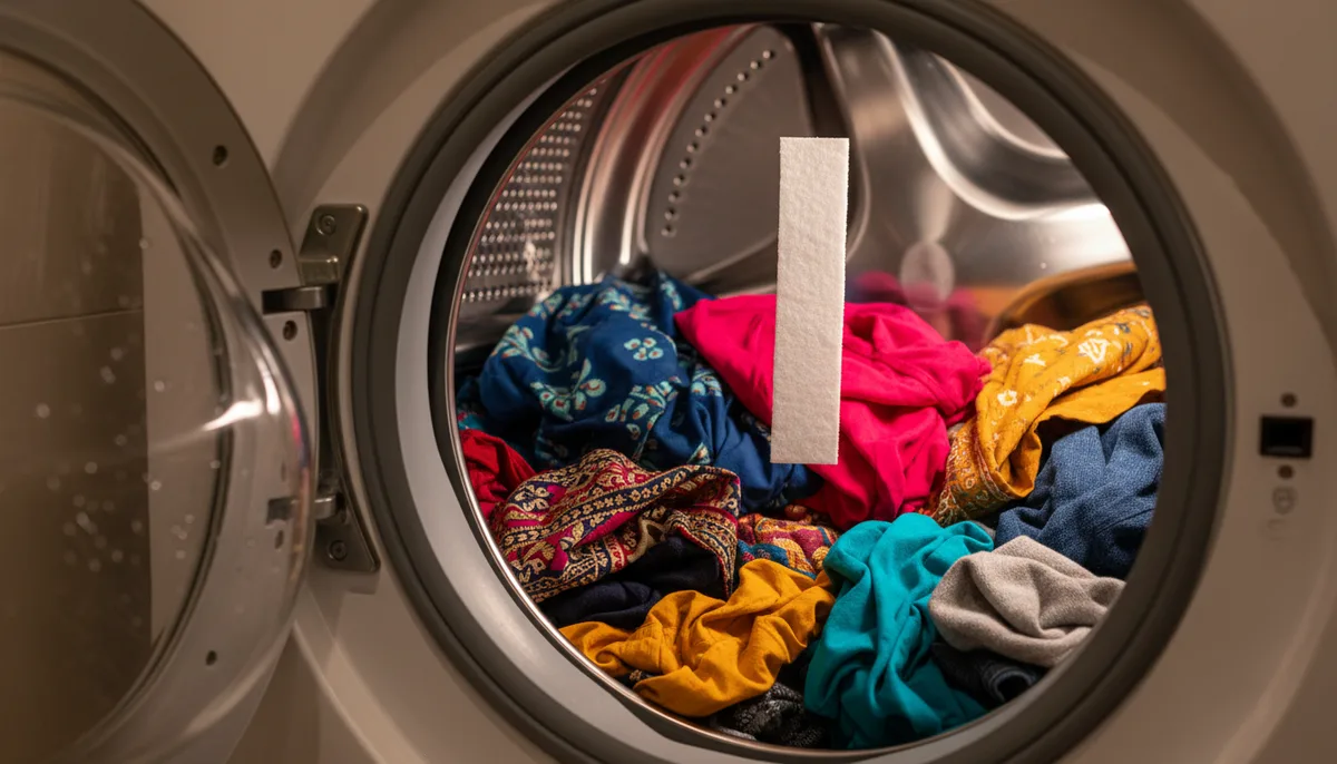 Laundry detergent sheet being added to washing machine with colourful Indian clothing inside