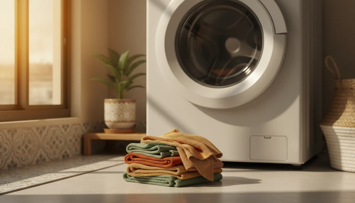 Folded reusable cleaning cloths beside a washing machine in a bright Indian home utility area