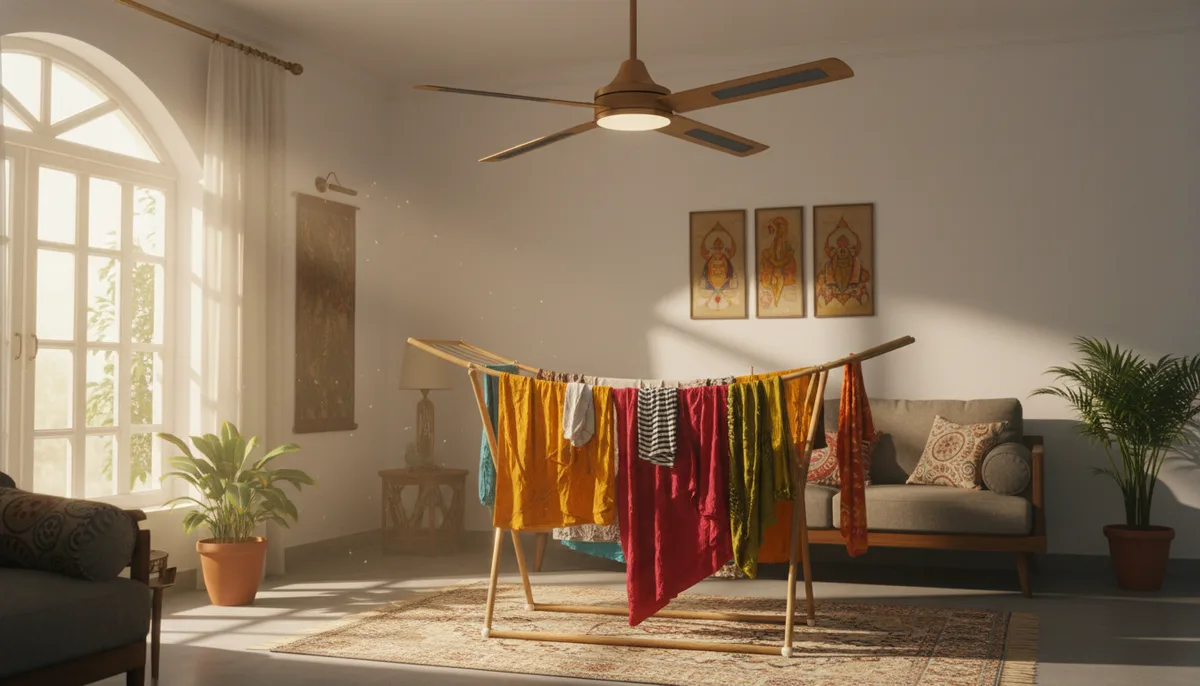 Ceiling fan with activated charcoal filter installed in sunny Indian home with clothes drying below