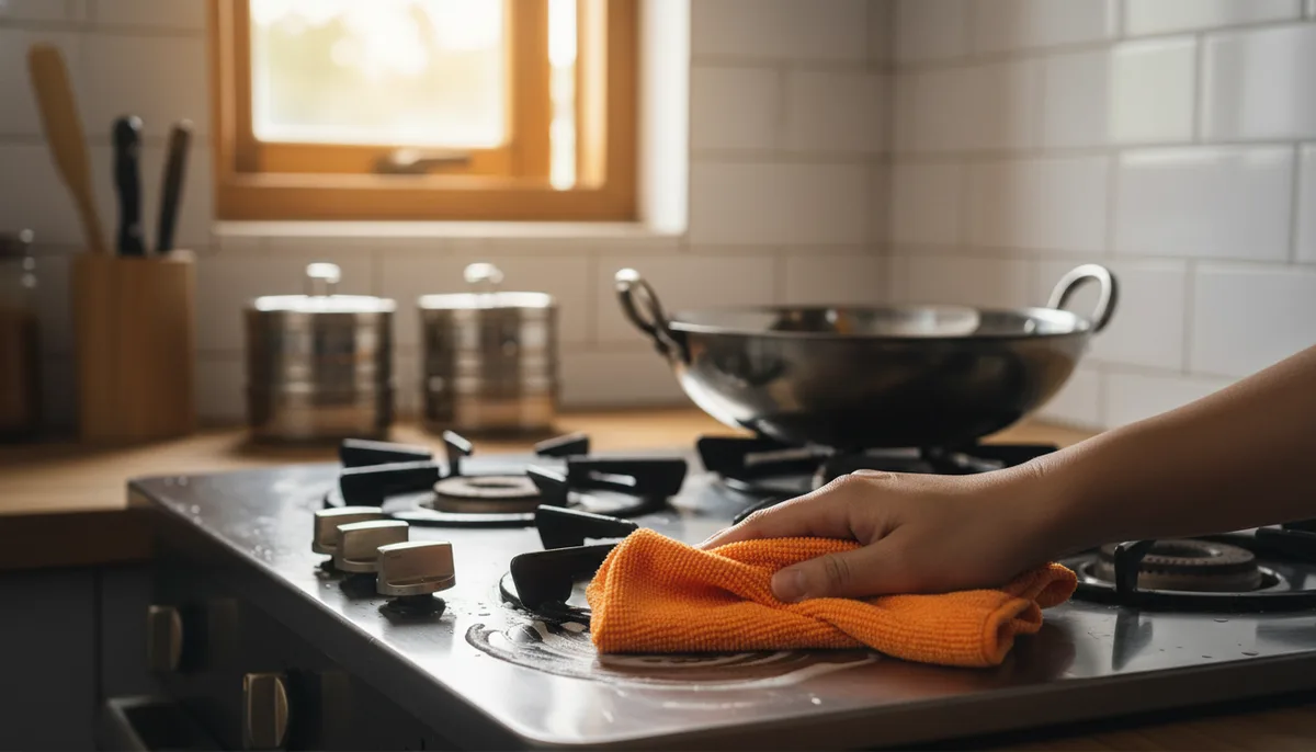 A compact Indian kitchen stovetop being wiped clean with a microfibre cloth