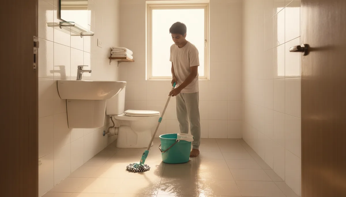 Person mopping a small Indian apartment bathroom floor with a spin mop and wringer bucket