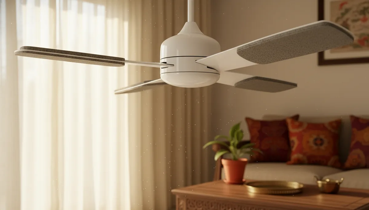 White ceiling fan in Indian living room with activated charcoal filter attached to blades