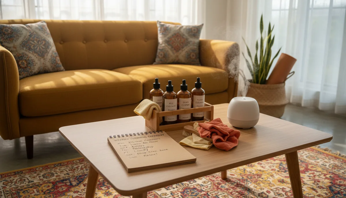 Organised Indian apartment living room with a weekly cleaning schedule notepad on a coffee table