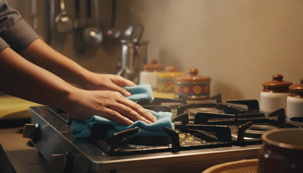 Person wiping greasy gas stovetop with a damp cloth in an Indian kitchen