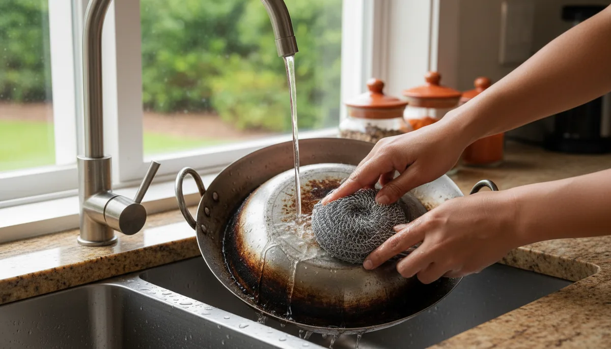 Scrubbing a burnt stainless steel kadai with a wire dishwashing rag at the sink