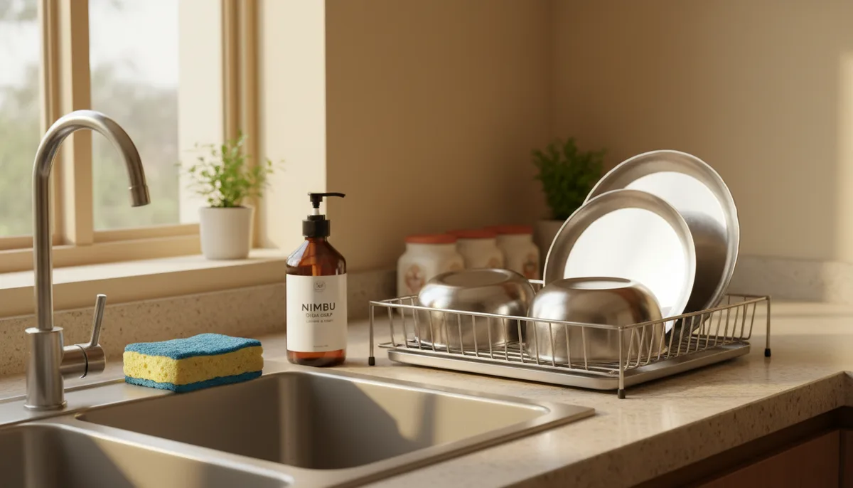 Tidy Indian kitchen sink with a sponge and drying steel vessels in afternoon light