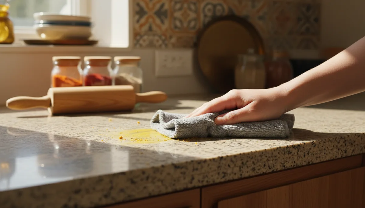 Wiping turmeric stains off a granite kitchen countertop with a microfibre cloth